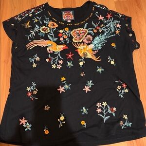 Johnny Was Black Top with Multicolor Embroidery